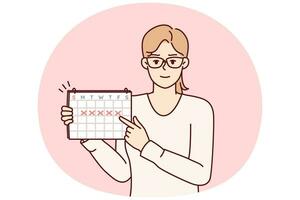 Young woman points finger at calendar with marks recommending time management. Vector image