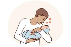 Loving man holds newborn baby in arms and smiles enjoy communication with own son. Vector image