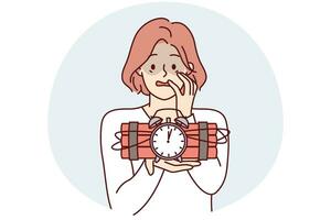 Frightened woman holds bomb with clockwork and does not know how to stop explosion. Vector image