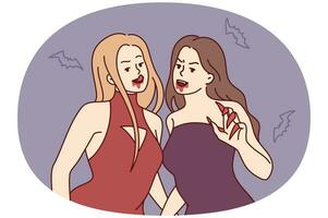 mujer vampiros en noche vestidos con agudo garras y huellas de sangre cerca boca. vector imagen