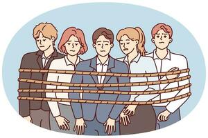 People in office suits tied with rope stand with unhappy face and are sad. Vector image