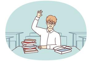 Boy high school student sits at desk with textbooks and workbooks and pulls hand up. Vector image