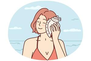 Happy woman listens to sound of sea putting shell to ear and closing eyes dreams. Vector image