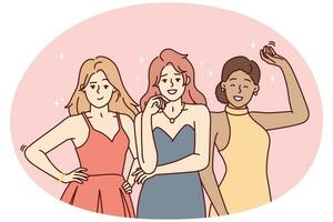 Women in evening dresses posing before festive event or party for company employees. Vector image