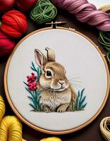 AI generated Whimsical Cross Stitch of Happy Rabbit photo