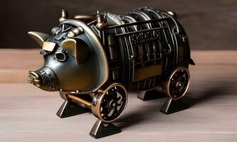 AI generated Bronze Steampunk Animal on Wooden Table photo