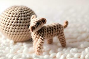 AI generated Handmade Crochet Knitted Dog on White photo