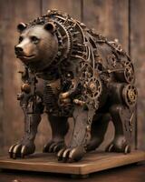 AI generated Bronze Steampunk Bear on Wooden Table photo