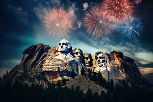 ai generado montar rushmore con fuegos artificiales celebracion foto