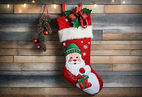 AI generated Christmas Stocking with Santa Motifs and Gifts photo