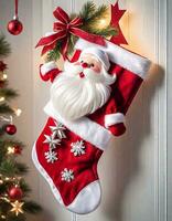 AI generated Christmas Stocking with Santa Motifs and Gifts photo