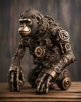 AI generated Bronze Steampunk Gorilla on Wooden Table photo