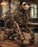 ai generado bronce Steampunk perro en de madera mesa foto