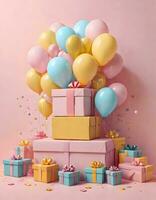 AI generated Pastel Gift Boxes and Balloons, Generative AI photo