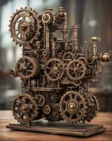 AI generated Bronze Steampunk Machine on Wooden Table photo