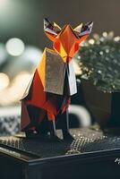 AI generated Origami fox on light background photo