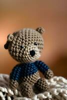 AI generated Crocheted Teddy Bear on brown Background photo