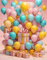 AI generated Pastel Gift Boxes and Balloons, Generative AI photo