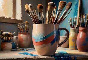 AI generated Artistic Mug Filled with Paint Brushes photo