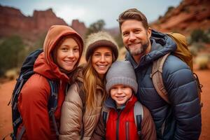 ai generado familia excursionismo aventuras en Desierto paisaje foto