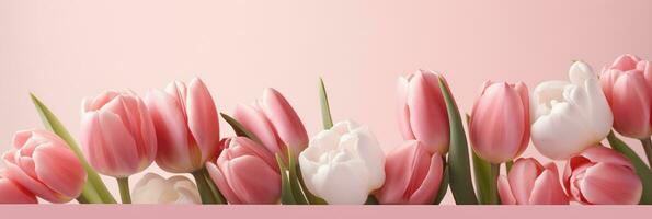 AI generated Soft Pink Tulip Arrangement on Pastel Background Gentle White and Subtle Red Palette Valentines Day Conceptual Backdrop photo