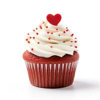 AI generated Red Velvet Cupcake with Cream Cheese Icing and a Fondant Heart on a White Background, Concept for Valentines Day photo