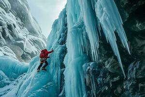 ai generado hielo trepador conquista congelado cascada majestad foto