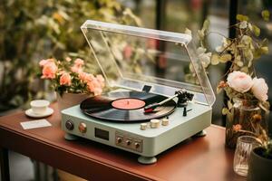 AI generated Retro Valentines Day Vinyl Listening Soiree with Vintage Headphones on a Terrazzo Surface Against a Palette of Dusty Pink and Sage Green photo