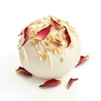 AI generated White Chocolate Truffle with Rose Petal Infusion and Edible Gold Leaf Topper, Isolated on White Backdrop for St Valentines Day Theme photo