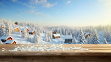 ai generado un de madera plataforma con vista a hermosa rural nieve pueblo escenario, sereno vista, Bosquejo con Copiar espacio, campo paisaje foto