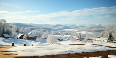 AI generated A Wooden Platform overlooking Beautiful rural snow village Scenery, Serene view, mockup with copy space, Countryside Landscape photo