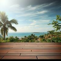 AI generated A Wooden Platform overlooking Beautiful Beach and Sea Scenery, Serene view, mockup with copy space photo