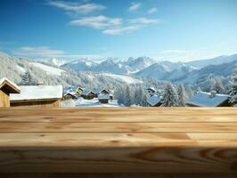 ai generado un de madera plataforma con vista a hermosa rural nieve pueblo escenario, sereno vista, Bosquejo con Copiar espacio, campo paisaje foto