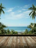 AI generated A Wooden Platform overlooking Beautiful Beach and Sea Scenery, Serene view, mockup with copy space photo