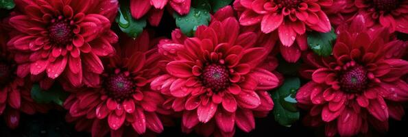 ai generado rojo crisantemo con Rocío gotas vibrante rojo y verde matices san valentin día temática fondo foto