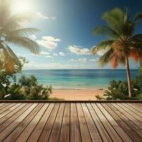 AI generated A Wooden Platform overlooking Beautiful Beach and Sea Scenery, Serene view, mockup with copy space photo