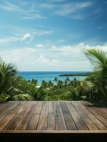 ai generado un de madera plataforma con vista a hermosa playa y mar escenario, sereno vista, Bosquejo con Copiar espacio foto