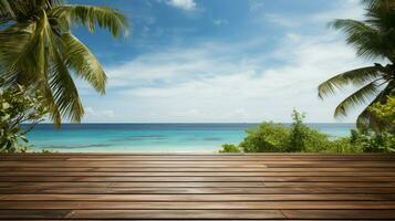 AI generated A Wooden Platform overlooking Beautiful Beach and Sea Scenery, Serene view, mockup with copy space photo