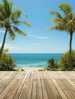AI generated A Wooden Platform overlooking Beautiful Beach and Sea Scenery, Serene view, mockup with copy space photo