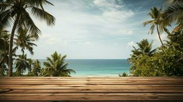 AI generated A Wooden Platform overlooking Beautiful Beach and Sea Scenery, Serene view, mockup with copy space photo