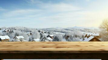 ai generado un de madera plataforma con vista a hermosa rural nieve pueblo escenario, sereno vista, Bosquejo con Copiar espacio, campo paisaje foto