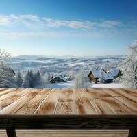 ai generado un de madera plataforma con vista a hermosa rural nieve pueblo escenario, sereno vista, Bosquejo con Copiar espacio, campo paisaje foto