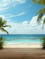 AI generated A Wooden Platform overlooking Beautiful Beach and Sea Scenery, Serene view, mockup with copy space photo