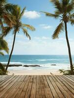 AI generated A Wooden Platform overlooking Beautiful Beach and Sea Scenery, Serene view, mockup with copy space photo