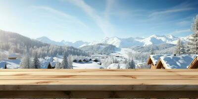 ai generado un de madera plataforma con vista a hermosa rural nieve pueblo escenario, sereno vista, Bosquejo con Copiar espacio, campo paisaje foto