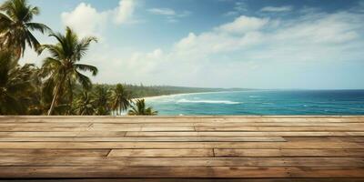 ai generado un de madera plataforma con vista a hermosa playa y mar escenario, sereno vista, Bosquejo con Copiar espacio foto