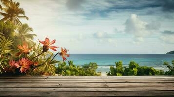 AI generated A Wooden Platform overlooking Beautiful Beach and Sea Scenery, Serene view, mockup with copy space photo