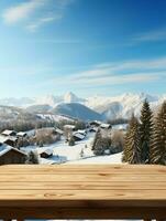 ai generado un de madera plataforma con vista a hermosa rural nieve pueblo escenario, sereno vista, Bosquejo con Copiar espacio, campo paisaje foto