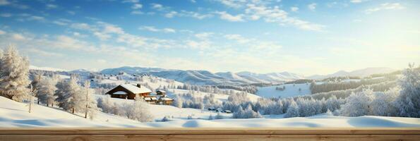 ai generado un de madera plataforma con vista a hermosa rural nieve pueblo escenario, sereno vista, Bosquejo con Copiar espacio, campo paisaje foto