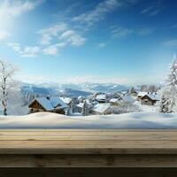 AI generated A Wooden Platform overlooking Beautiful rural snow village Scenery, Serene view, mockup with copy space, Countryside Landscape photo